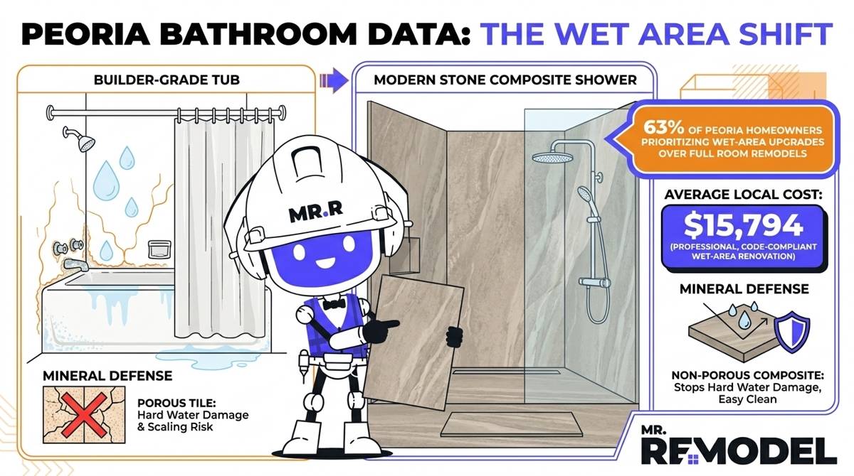 A 2026 Peoria bathroom remodeling infographic showing the 15,794 dollar average cost and the 63 percent market shift toward stone composite walk-in showers.
